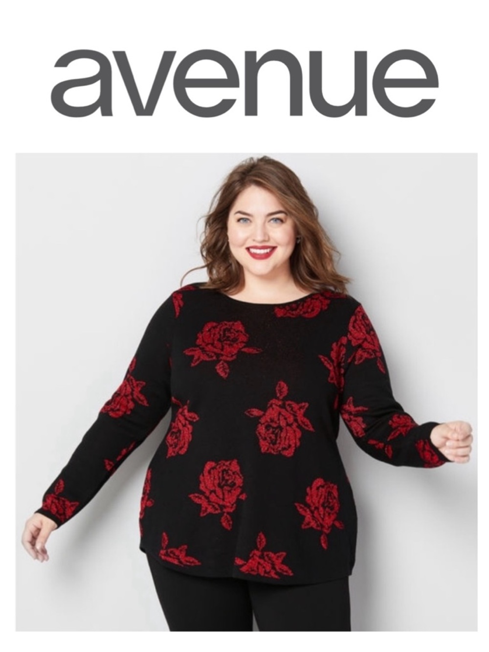AVENUE Black Red Metallic Detail Rose Lightweight Sweater Whimsigoth Women 18/20